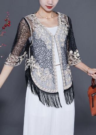 White Hollow Out Tulle Cardigan Tassel Summer