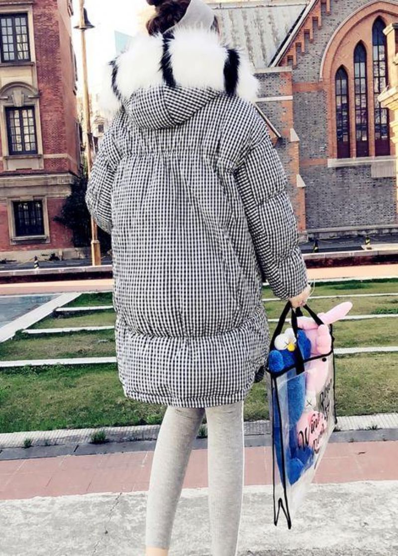 2024 Svart Rutete Dunjakke Kvinne Pluss Størrelse Klær Parkas Hette The Rabbit Wool Elegante Kåper - Ullkåper for kvinner