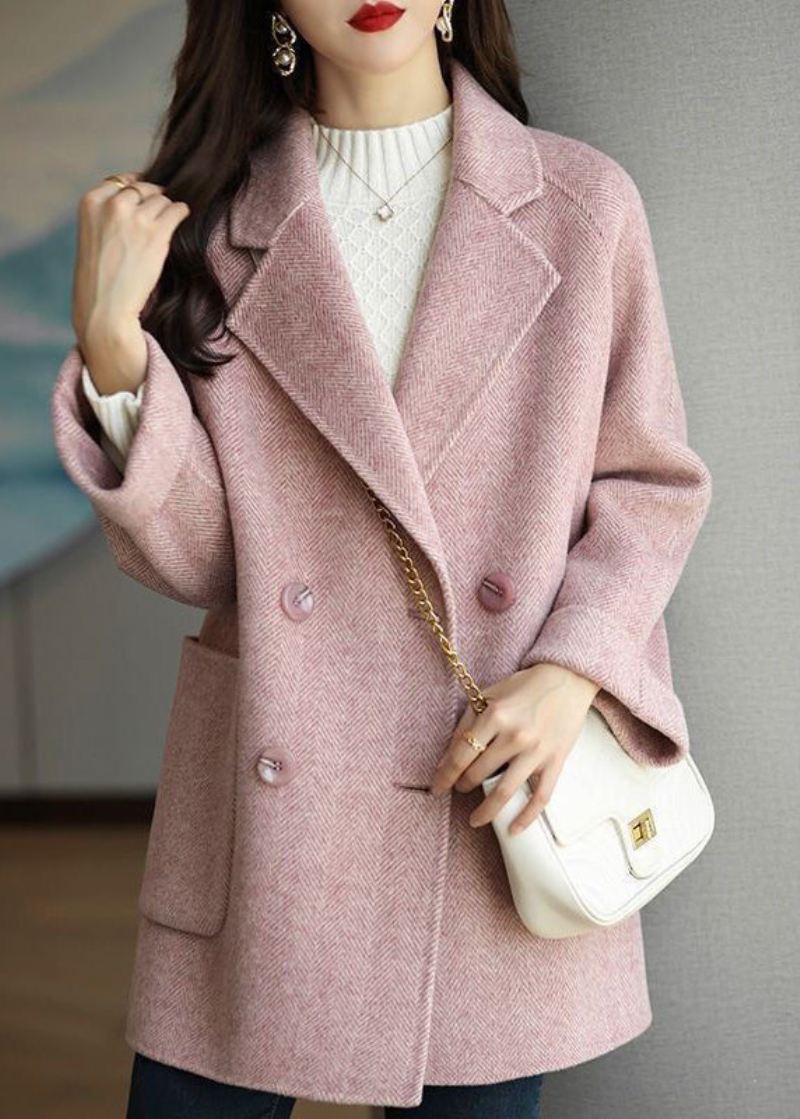 Art Pink Lapel Dobbel Bryst Tykk Ull Trench Fall