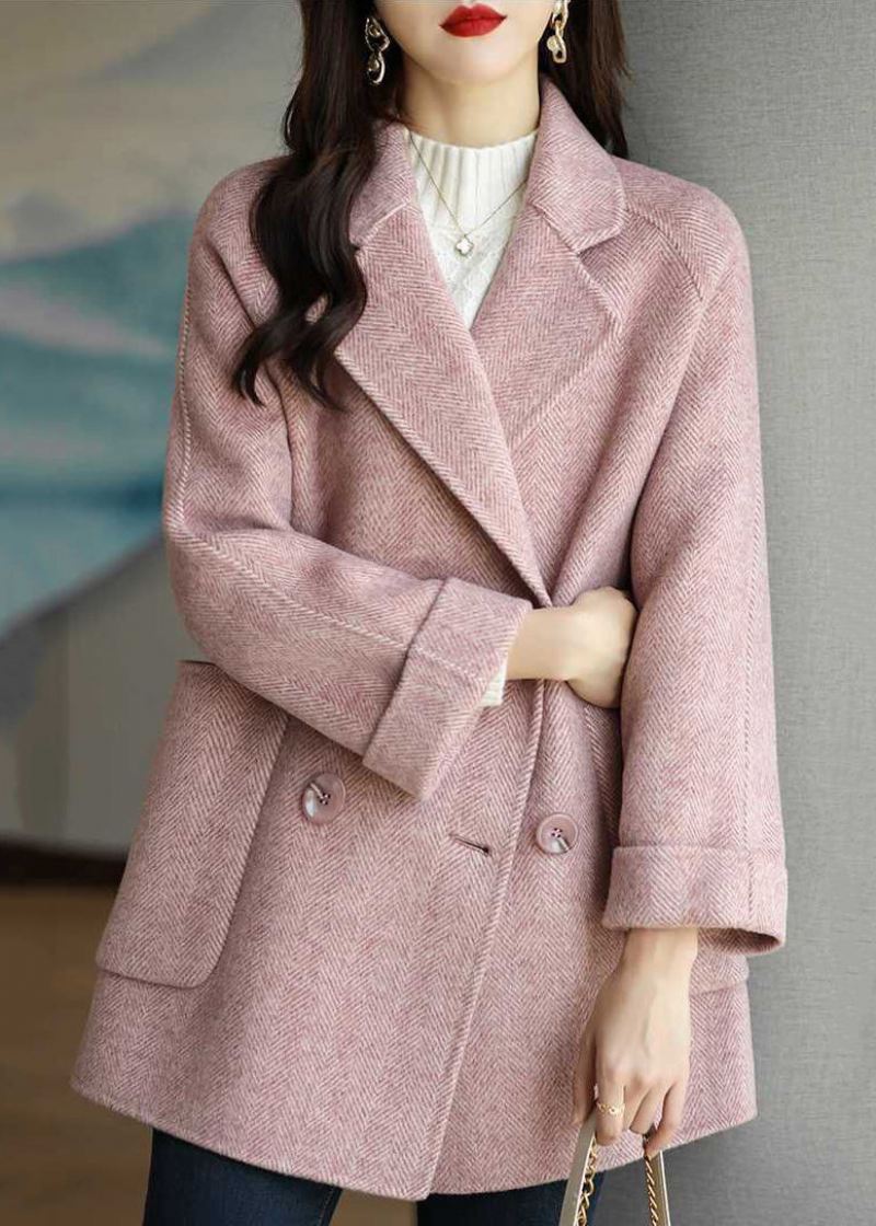 Art Pink Lapel Dobbel Bryst Tykk Ull Trench Fall - Ullkåper for kvinner