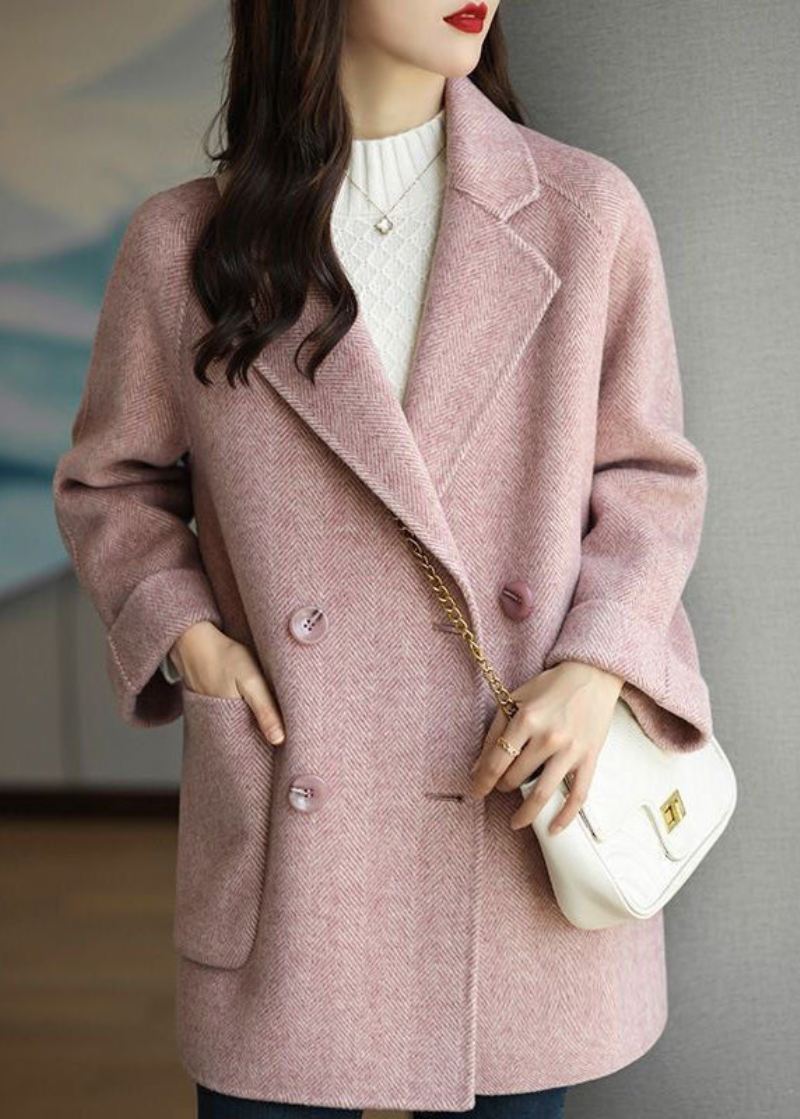 Art Pink Lapel Dobbel Bryst Tykk Ull Trench Fall - Ullkåper for kvinner