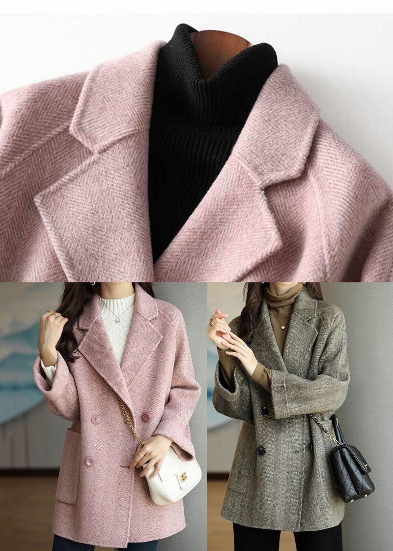 Art Pink Lapel Dobbel Bryst Tykk Ull Trench Fall - Ullkåper for kvinner