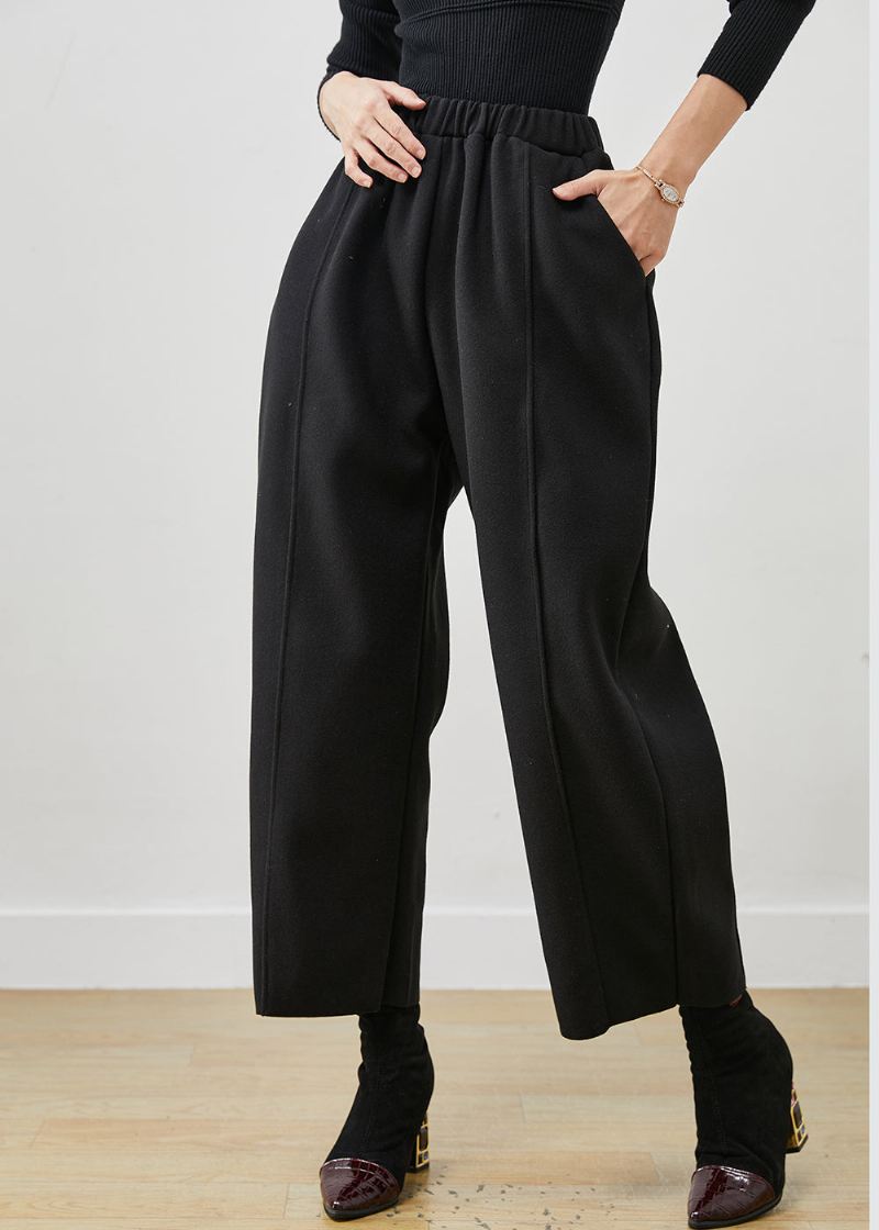 Bohemian Black Overdimensjonert Elastisk Midje Ull Crop Pants Spring - Ullkåper for kvinner