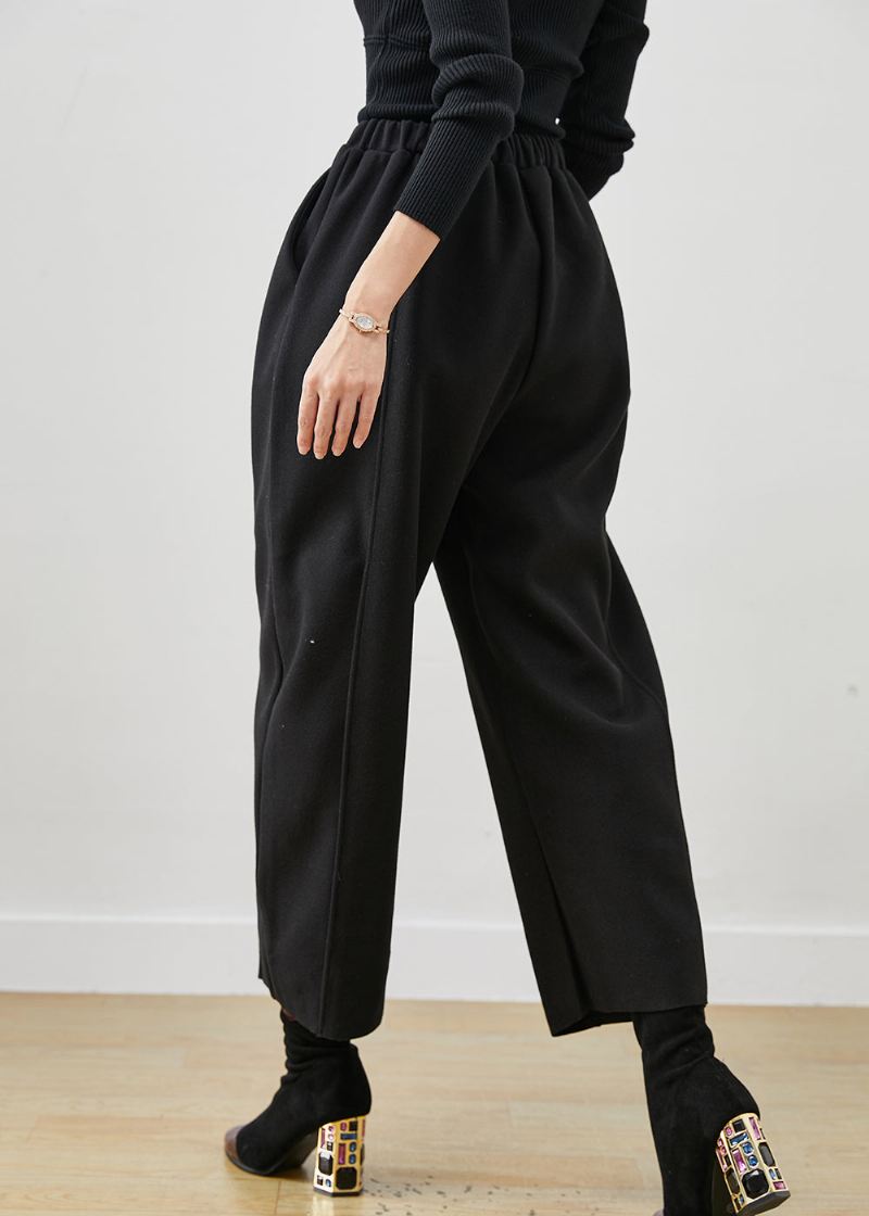 Bohemian Black Overdimensjonert Elastisk Midje Ull Crop Pants Spring - Ullkåper for kvinner