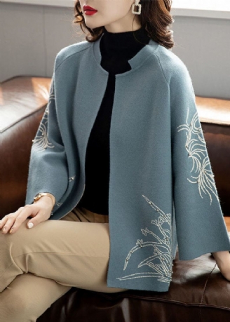 Bohemian Blue O-neck Print Ull Loose Coat Langermet