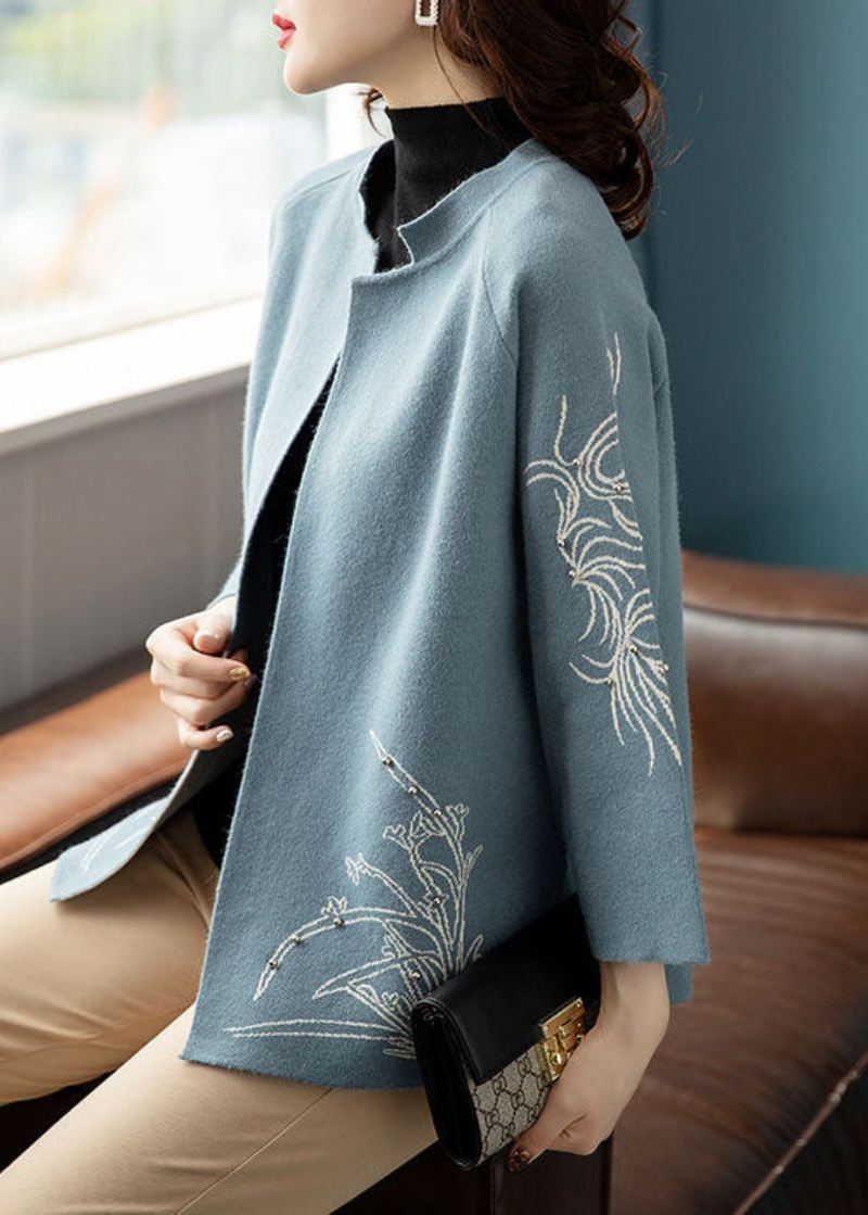 Bohemian Blue O-neck Print Ull Loose Coat Langermet - Blå