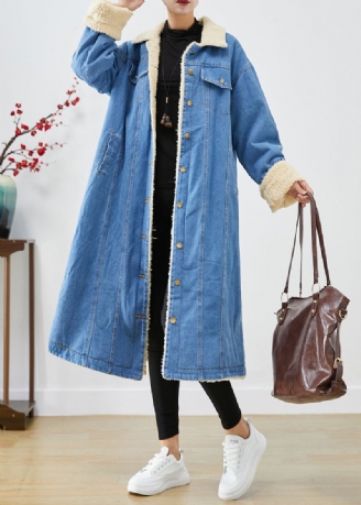 Bohemian Blue Oversized Tykk Fleece Ullfôret Denim Trenchcoats Vinter