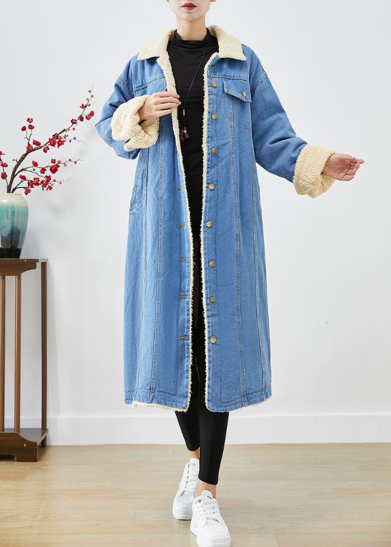 Bohemian Blue Oversized Tykk Fleece Ullfôret Denim Trenchcoats Vinter - Ullkåper for kvinner