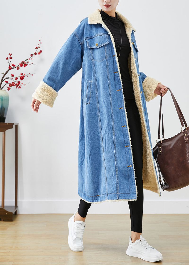 Bohemian Blue Oversized Tykk Fleece Ullfôret Denim Trenchcoats Vinter - Ullkåper for kvinner