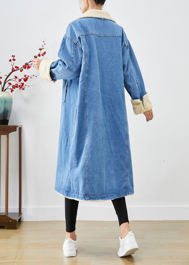 Bohemian Blue Oversized Tykk Fleece Ullfôret Denim Trenchcoats Vinter - Ullkåper for kvinner