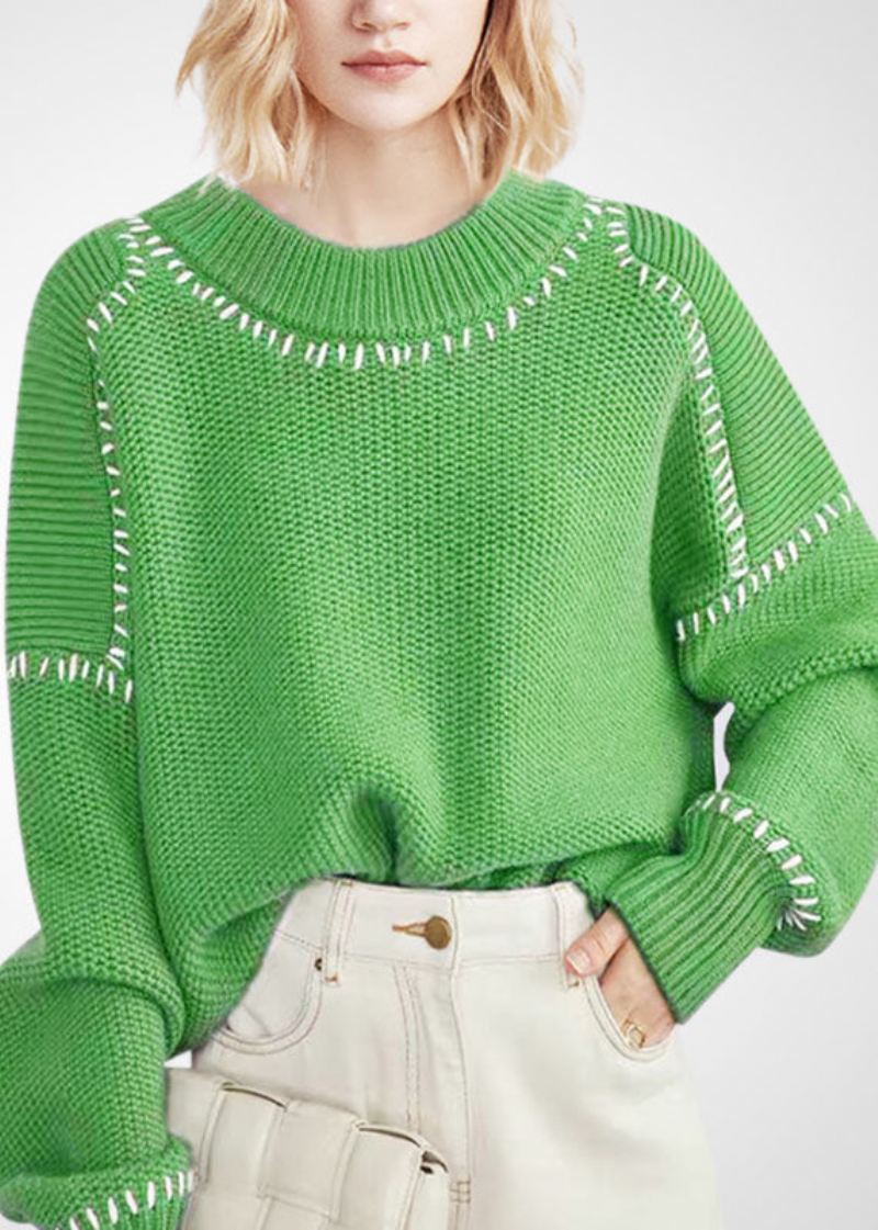 Bohemian Green O-neck Oversized Tykk Ull Kort Genser Vinter