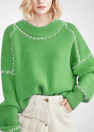 Bohemian Green O-neck Oversized Tykk Ull Kort Genser Vinter