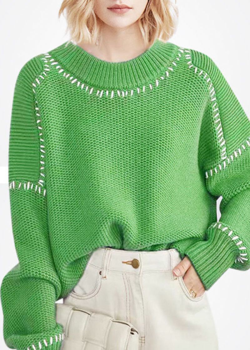 Bohemian Green O-neck Oversized Tykk Ull Kort Genser Vinter - Ullkåper for kvinner