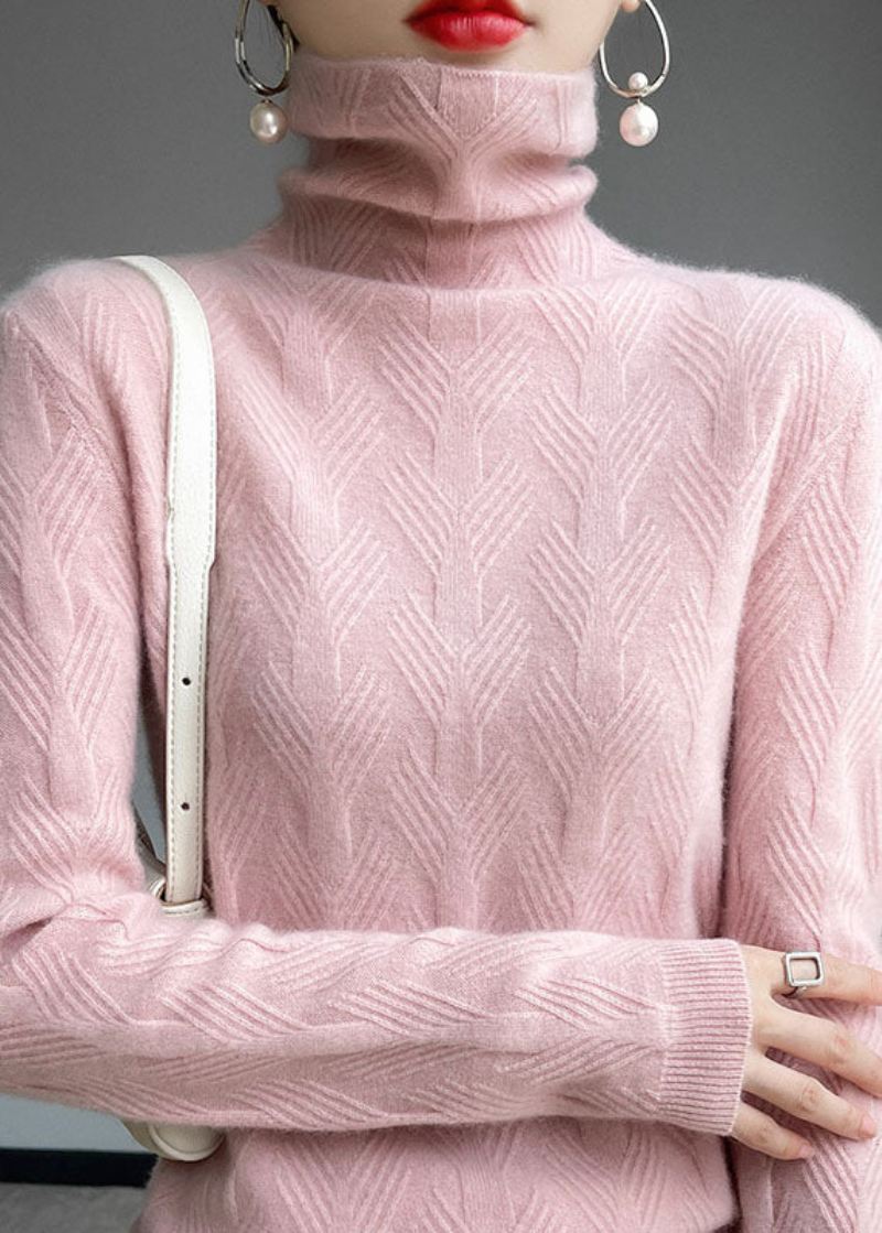 Bohemian Pink Turtle Neck Tykk Ull Strikk Topp Vinter