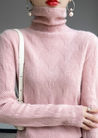 Bohemian Pink Turtle Neck Tykk Ull Strikk Topp Vinter