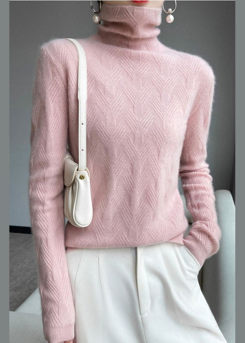 Bohemian Pink Turtle Neck Tykk Ull Strikk Topp Vinter - Ullkåper for kvinner