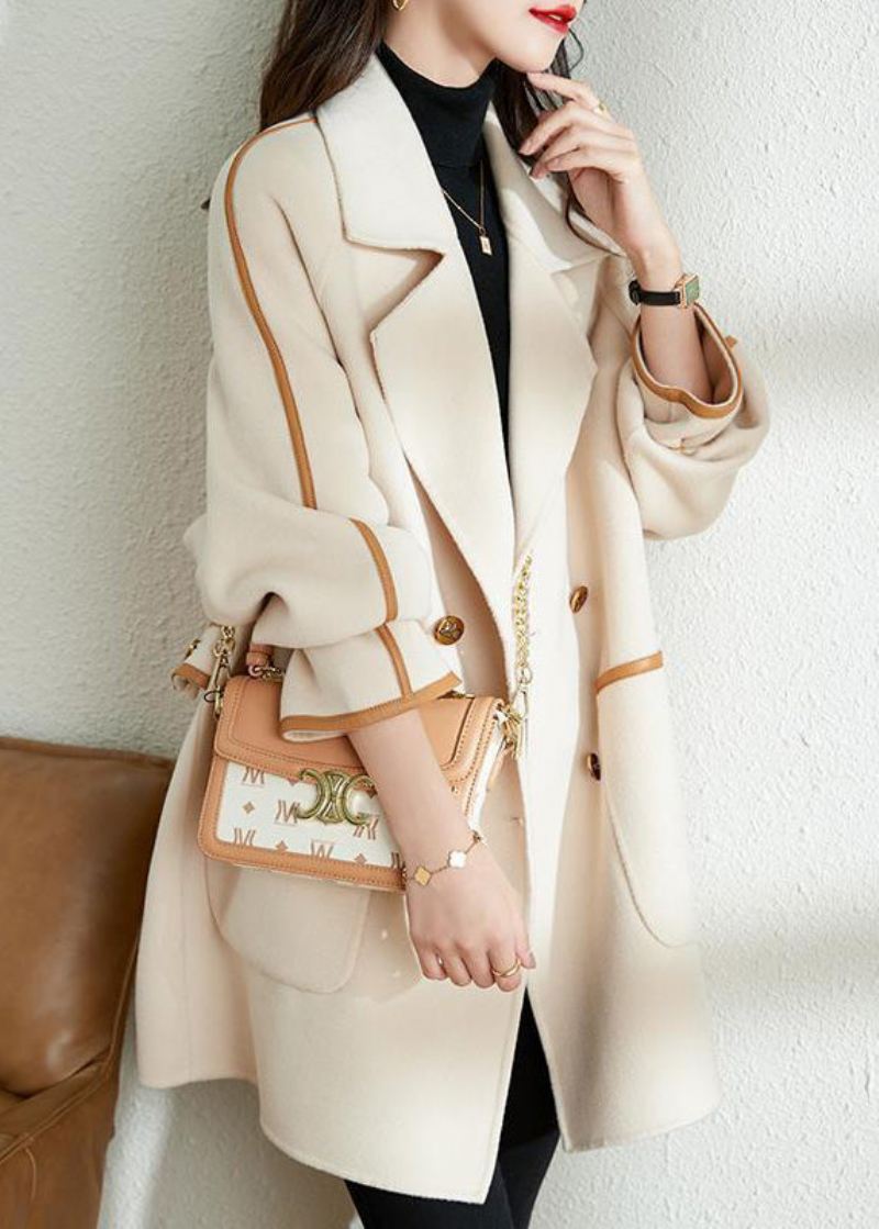 Bohemian White Lapel Patchwork Pu Ull Trench Coat Høst