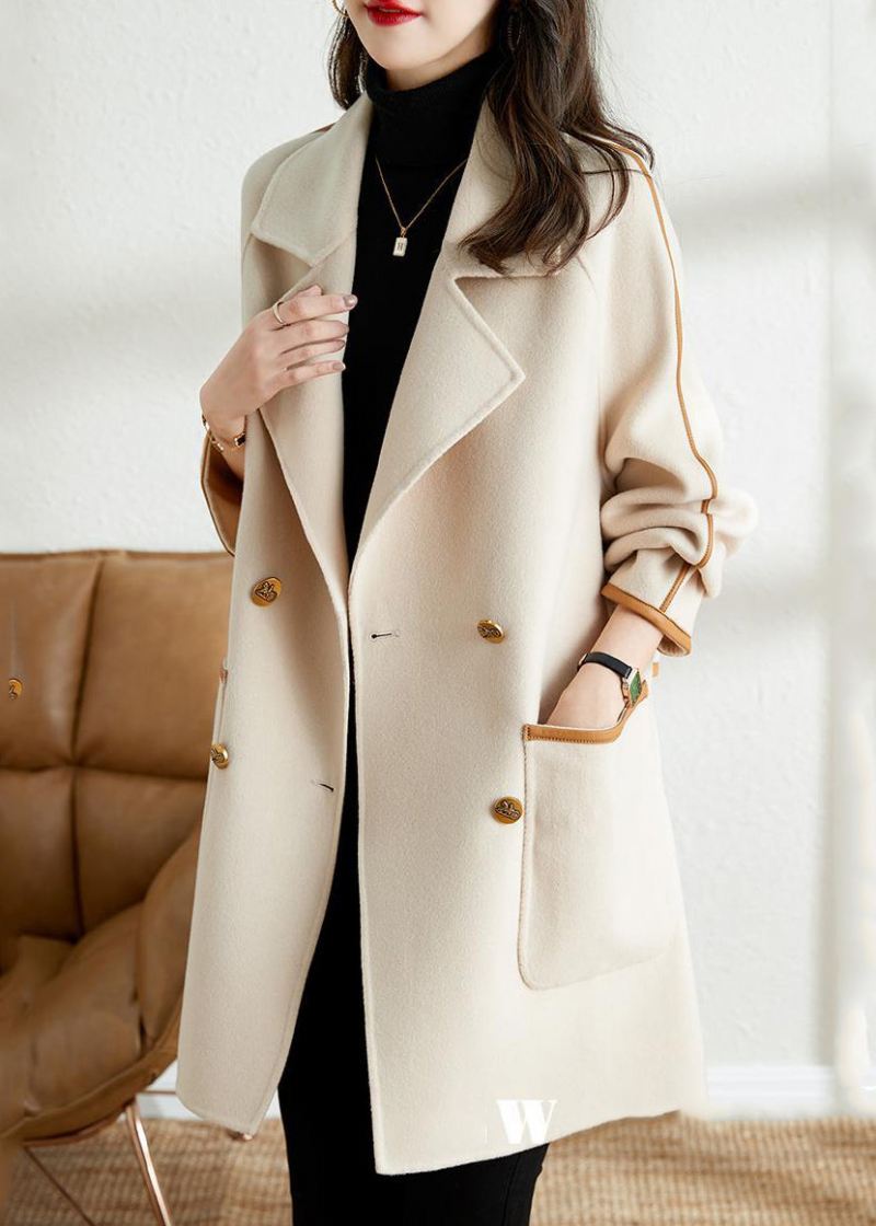 Bohemian White Lapel Patchwork Pu Ull Trench Coat Høst - Ullkåper for kvinner