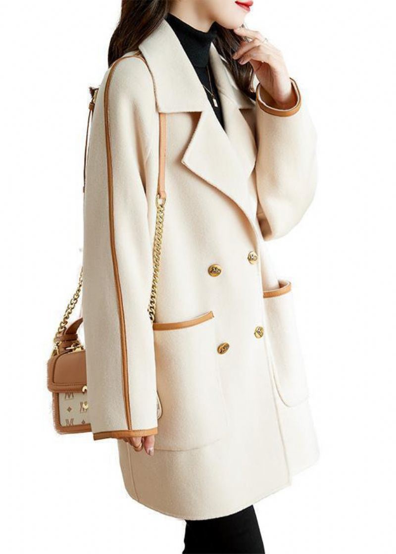 Bohemian White Lapel Patchwork Pu Ull Trench Coat Høst - Ullkåper for kvinner