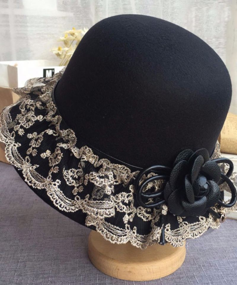 Boho Black Lace Patchwork Floral Woolen Bucket Hat - Ullkåper for kvinner