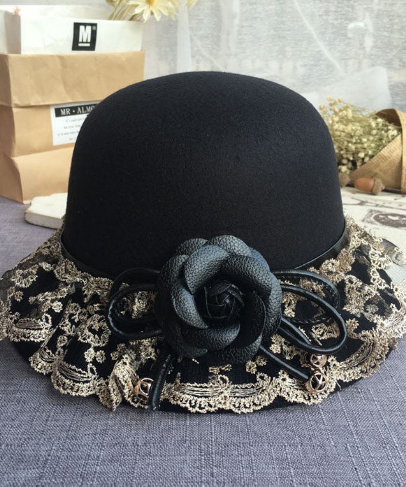 Boho Black Lace Patchwork Floral Woolen Bucket Hat - Ullkåper for kvinner