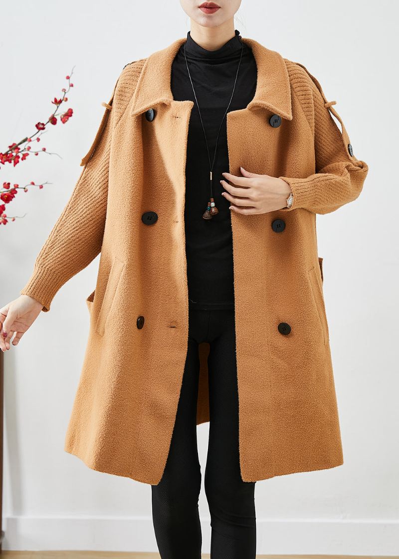 Boho Light Camel Dobbel Bryst Patchwork Strikk Ull Trench Coats Høst - Ullkåper for kvinner