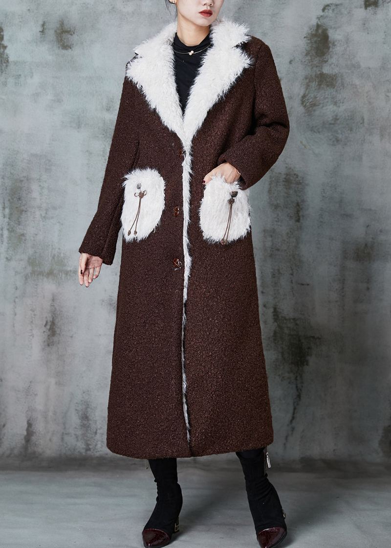 Boutique Chocolate Patchwork Lommer Fleece Ull Fôret Trench Winter - Ullkåper for kvinner