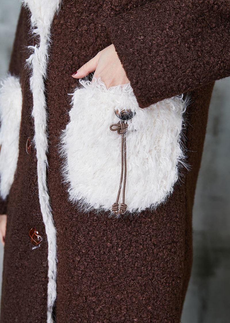 Boutique Chocolate Patchwork Lommer Fleece Ull Fôret Trench Winter - Ullkåper for kvinner