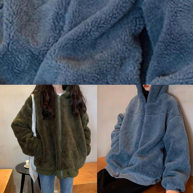 Boutique Oversized Mellomlang Kåpe Vinter Outwear Grønn Hette Ull Jakker - Blå