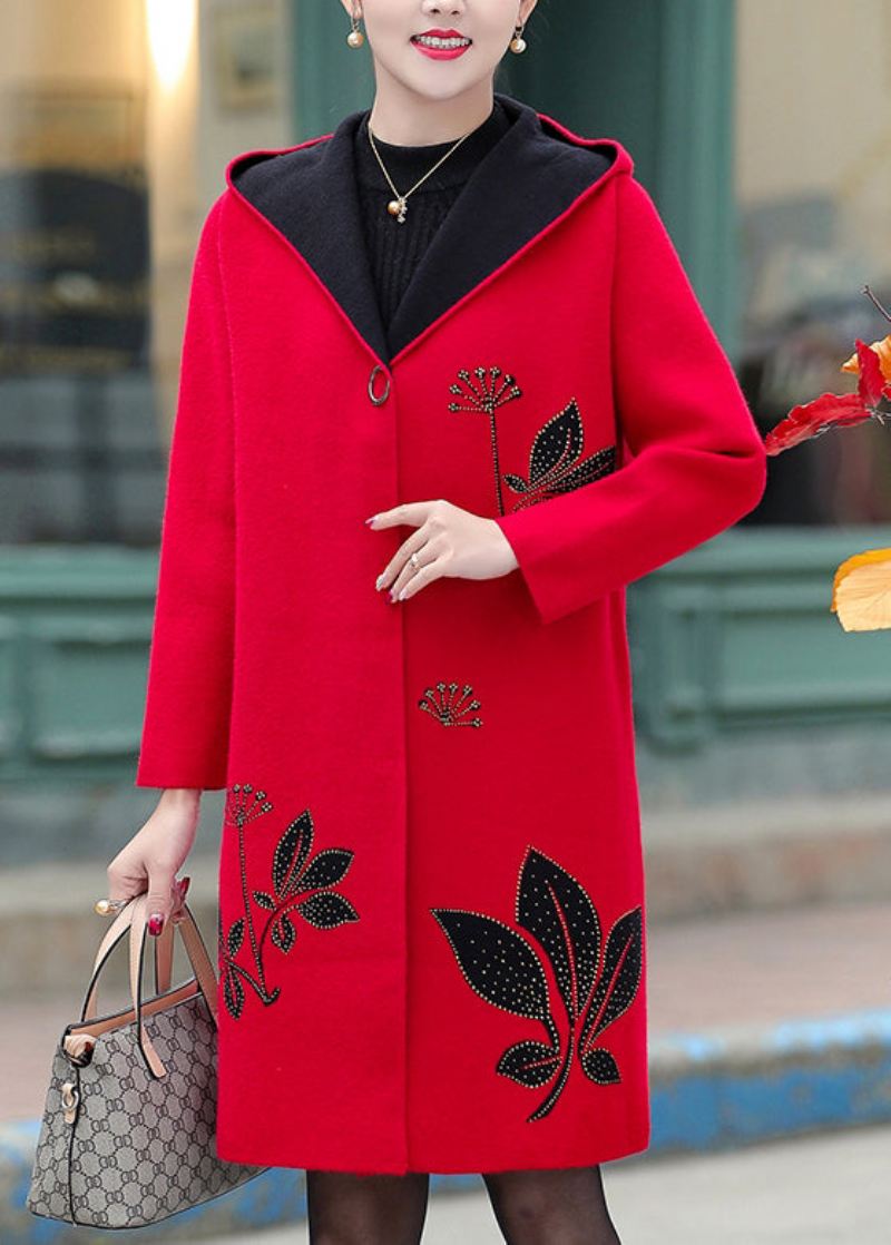 Boutique Red Jacquard Zircon Woolen Hette Trench Spring