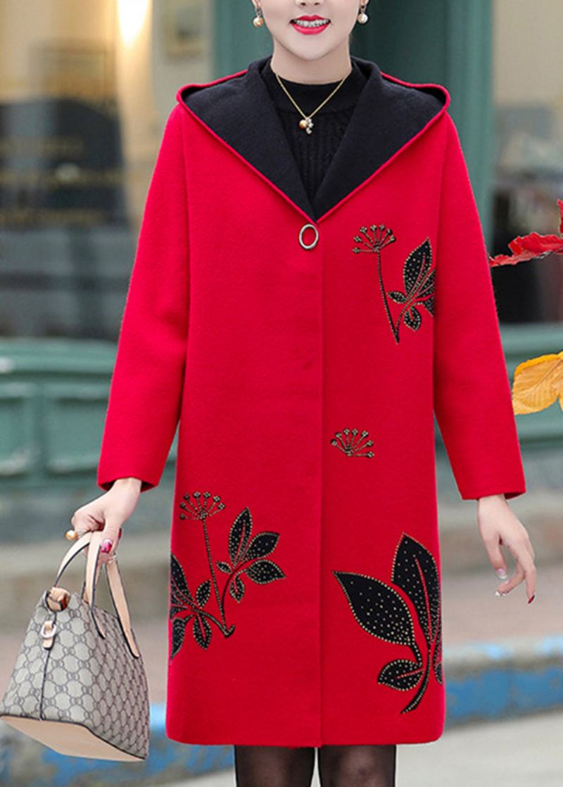 Boutique Red Jacquard Zircon Woolen Hette Trench Spring - Ullkåper for kvinner