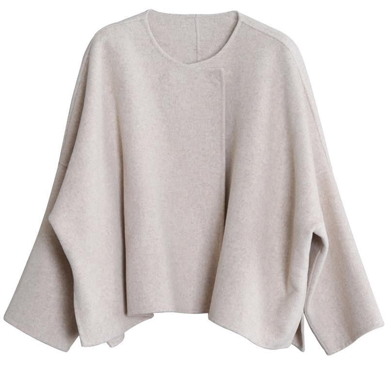 Boutique Trendy Plus Size Mellomlang Jakke Beige O Halslommer Ull Frakk - Ullkåper for kvinner