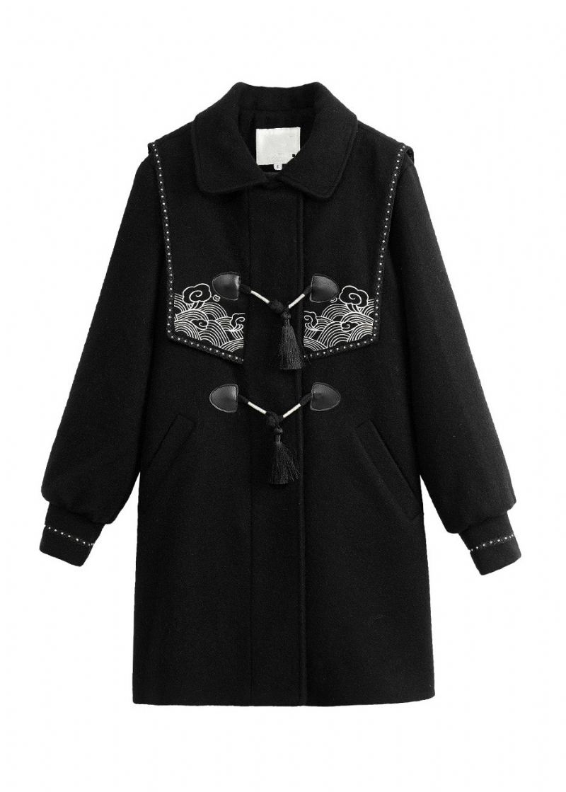 Brief Black Sailor Collar Print Duskknapp Tykk Ull Trenchcoat Vinter - Ullkåper for kvinner