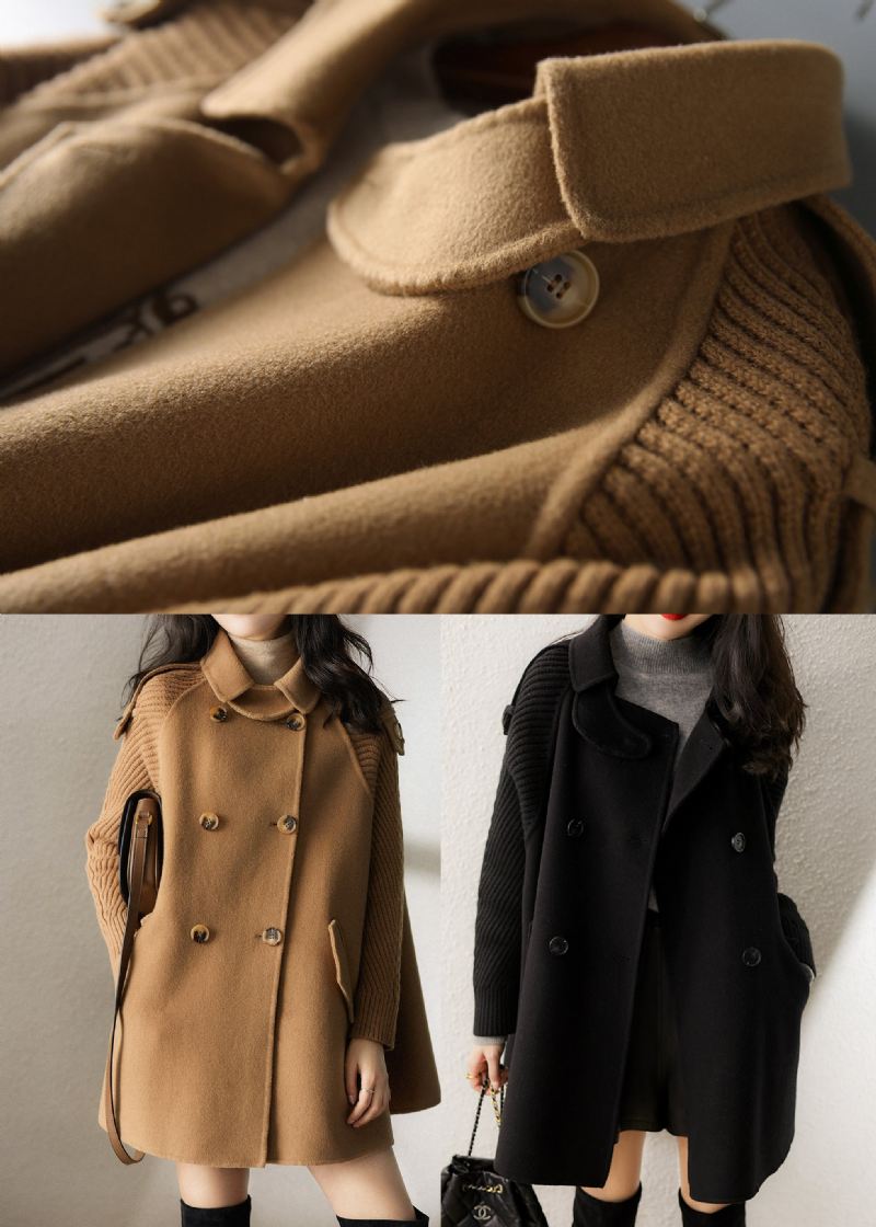 Camel Knitted Patchwork Woolen Coat Dobbel Bryst Vår - Svart