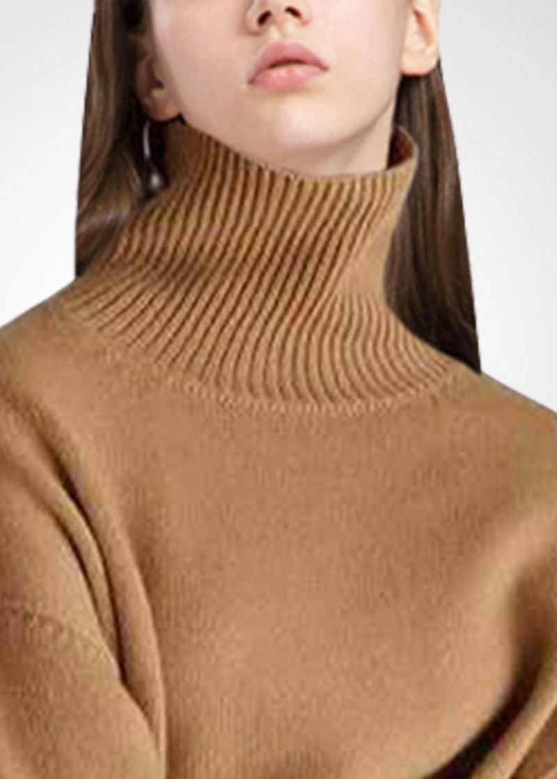 Casual Khaki Turtle Neck Lav Høy Design Koselig Ull Strikket Pullover Vinter - Ullkåper for kvinner