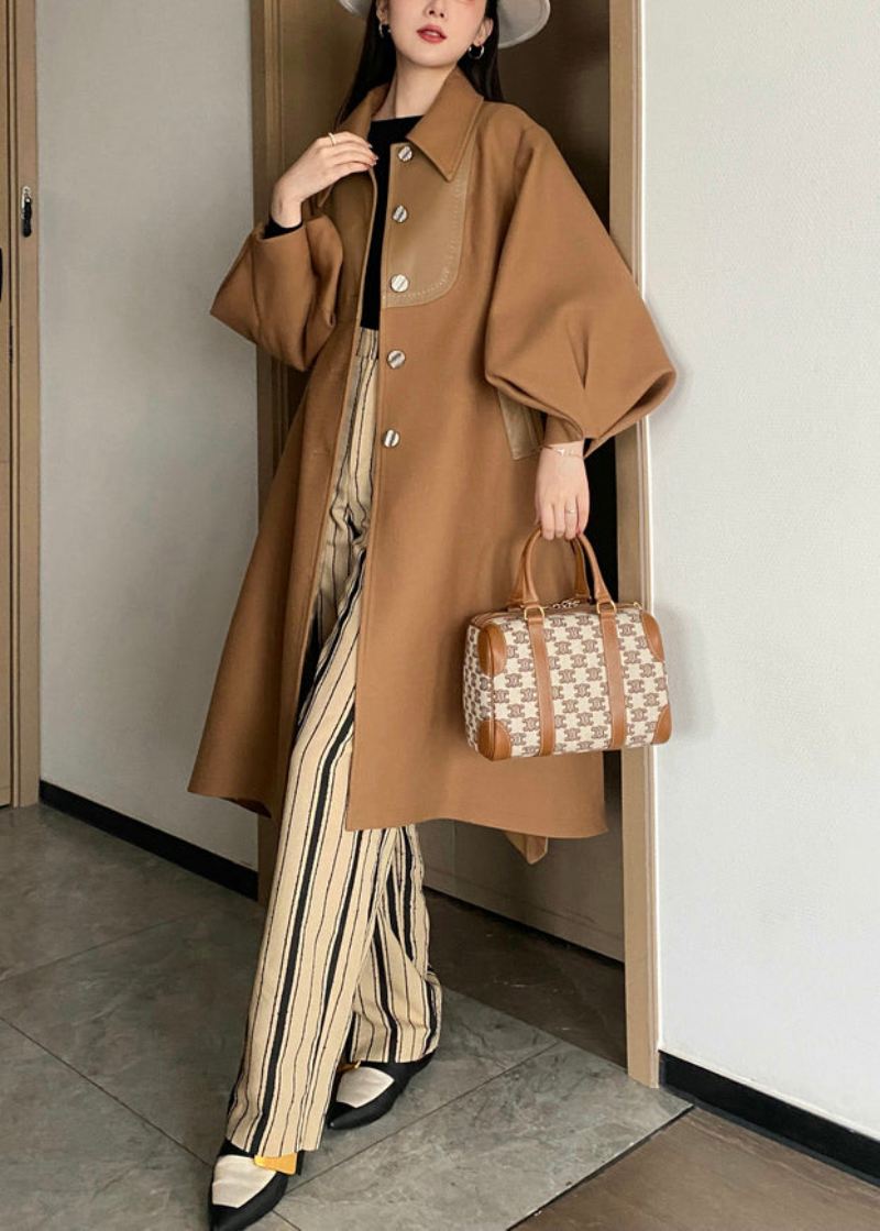 Chic Khaki Button Tie Midje Patchwork Ull Trench Coats Lantern Sleeve