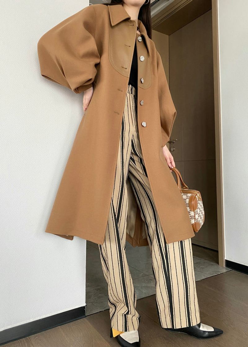 Chic Khaki Button Tie Midje Patchwork Ull Trench Coats Lantern Sleeve - Ullkåper for kvinner