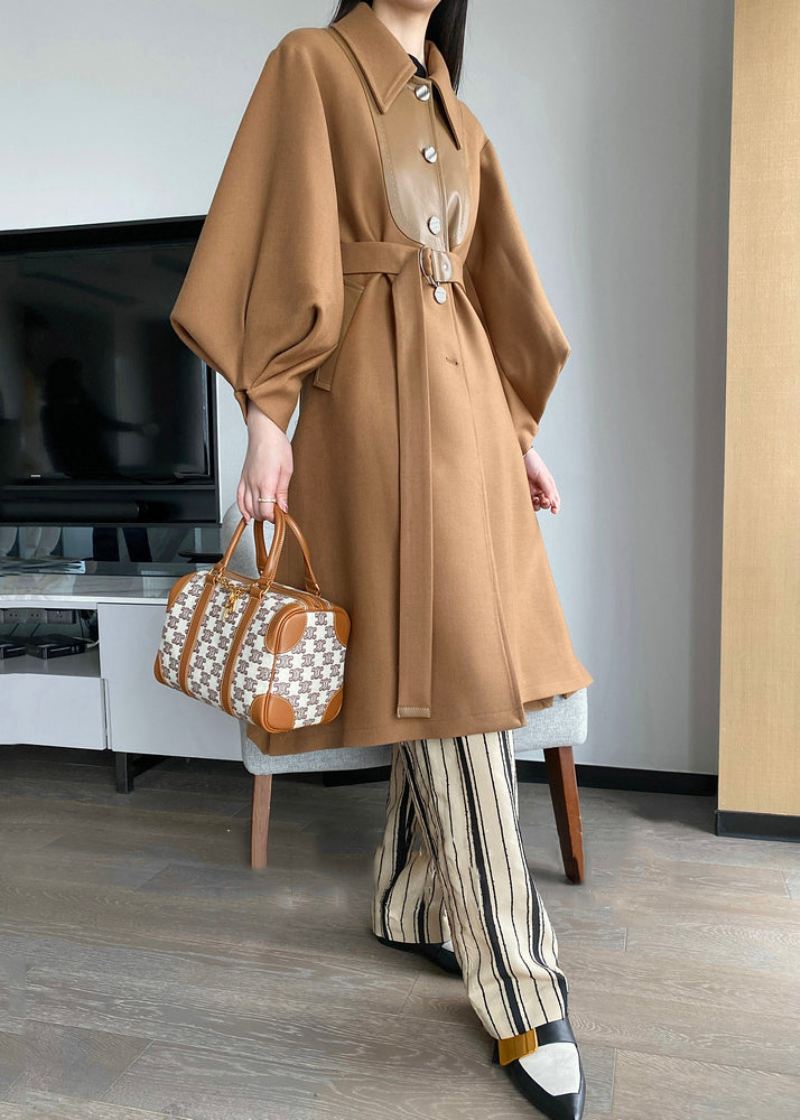 Chic Khaki Button Tie Midje Patchwork Ull Trench Coats Lantern Sleeve - Ullkåper for kvinner