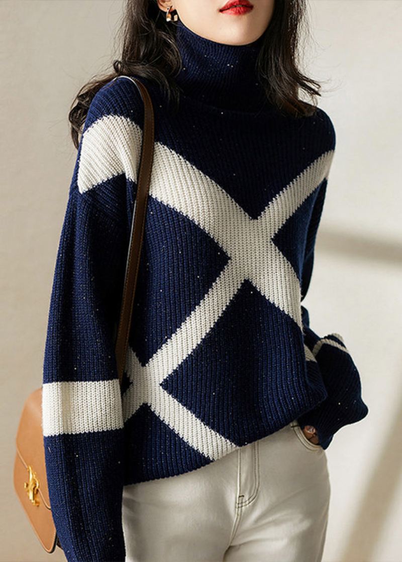 Chic Navy Turtleneck Koselige Ullgensere Med Lange Ermer