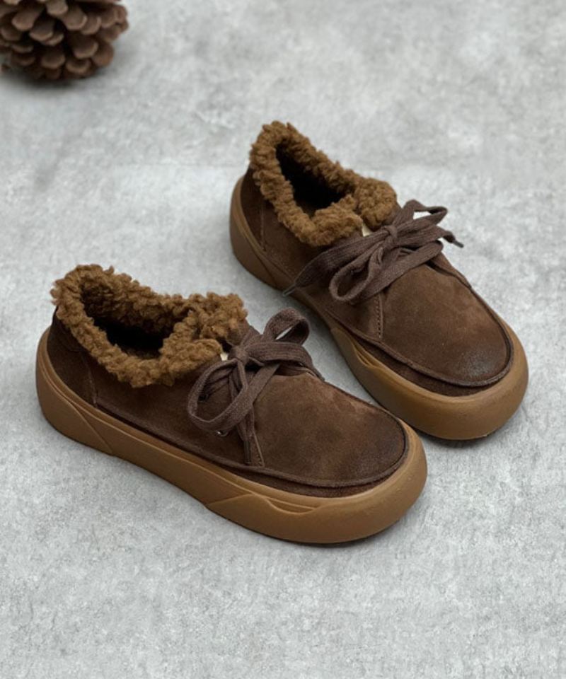 Chocolate Flats Lace Up Flat Shoes For Dame Fuzzy Wool Lined - Kaffe