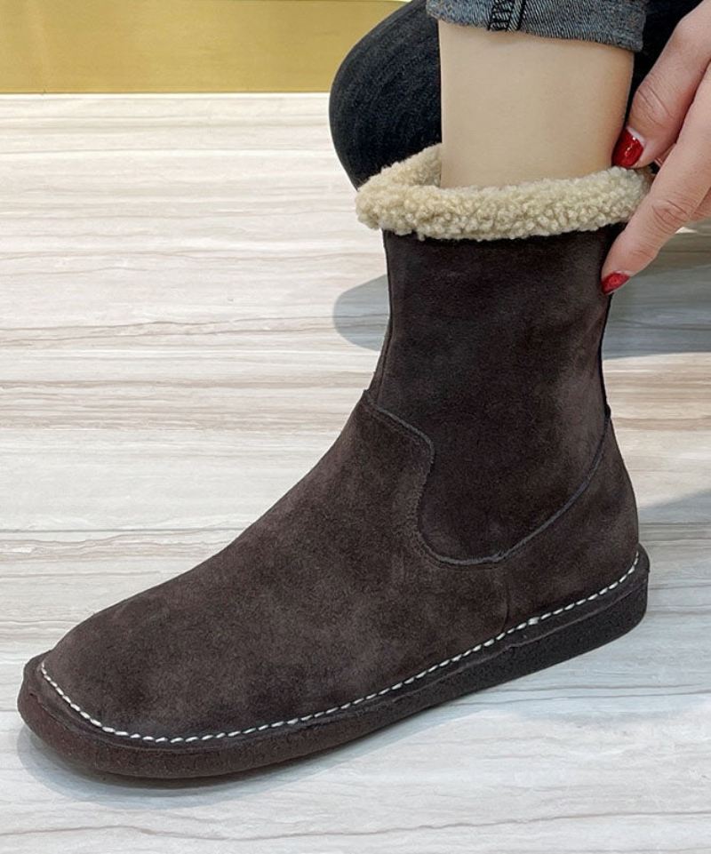 Chocolate Fuzzy Wool Lined Boots Cowhide Leather Fashion Glidelåsstøvler