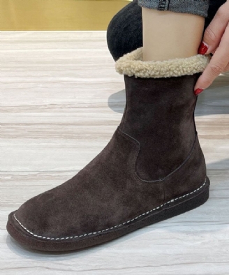 Chocolate Fuzzy Wool Lined Boots Cowhide Leather Fashion Glidelåsstøvler