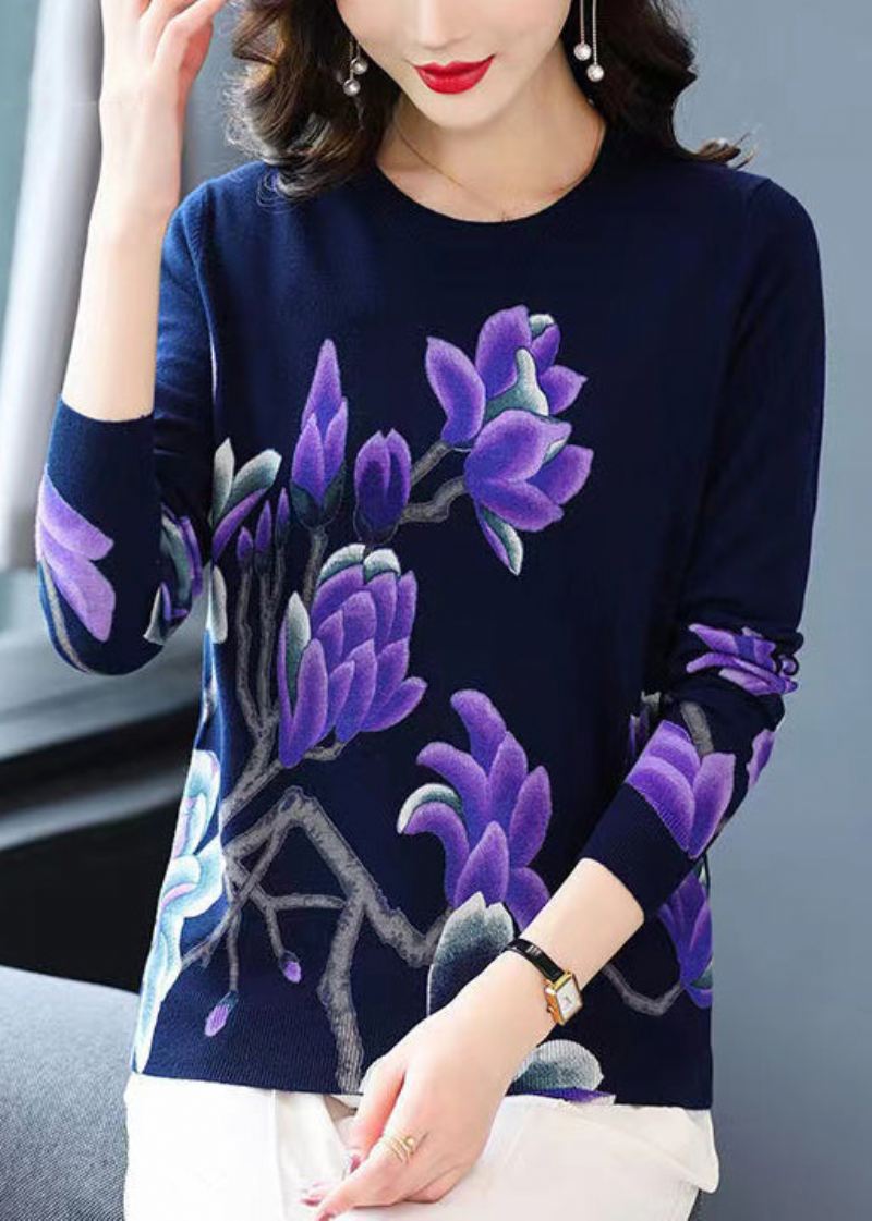 Dame Navy O Neck Print Ull Strikket Gensere Langermet