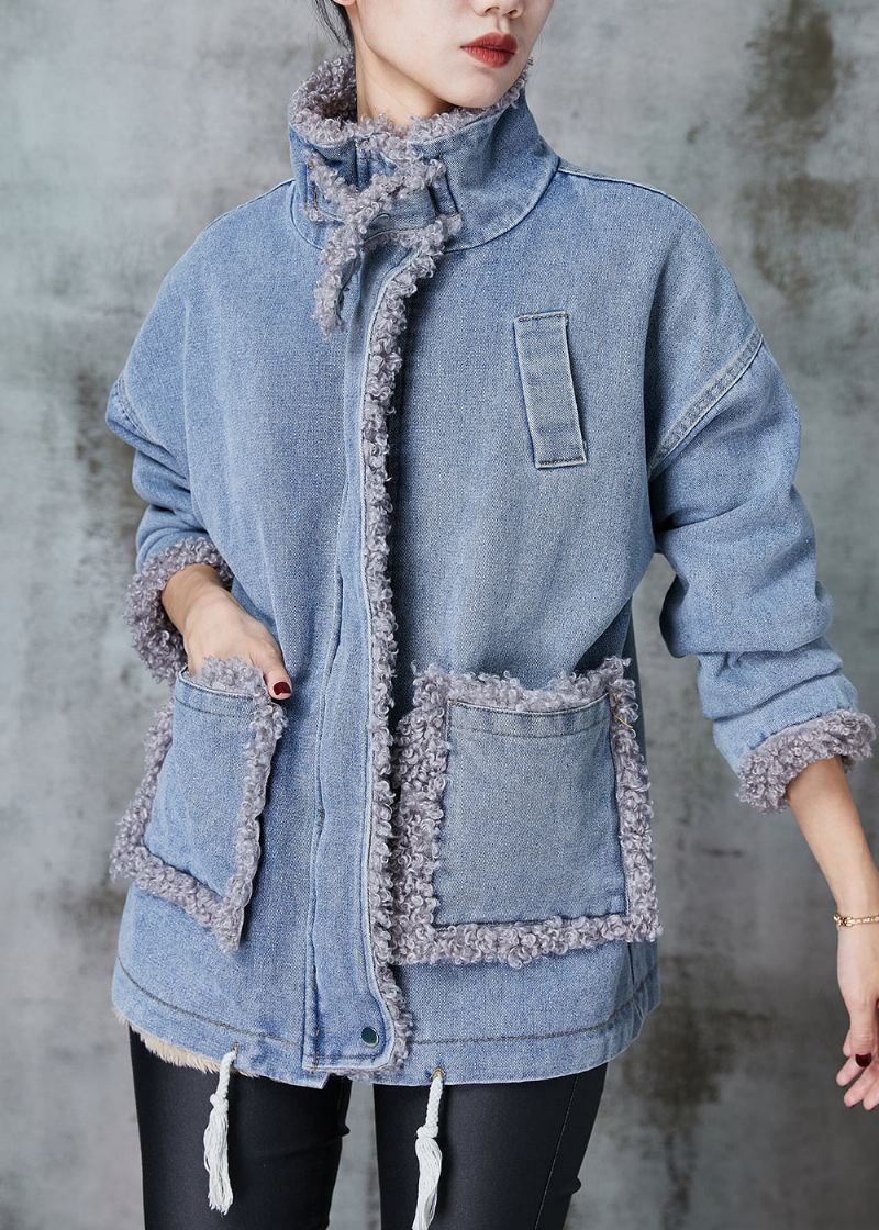 Denim Blå Patchwork Fleece Ull Foret Kåpe Oversized Vinter - Ullkåper for kvinner