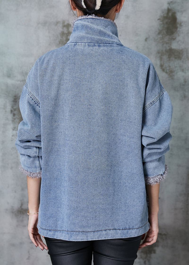 Denim Blå Patchwork Fleece Ull Foret Kåpe Oversized Vinter - Ullkåper for kvinner