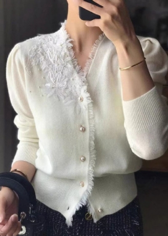 Elegant Hvit V-hals Dusk Brodert Ullcardigan Høst