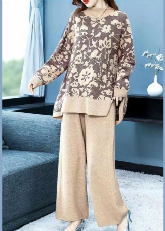 Elegant Khaki Print Topper Og Bukser Ull To Stykker Sett Høst