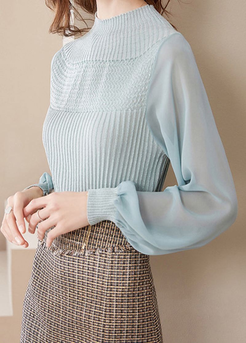 Elegant Lysegrønn Halv Turtleneck Tulle Patchwork Ullgensere Lantern Sleeve