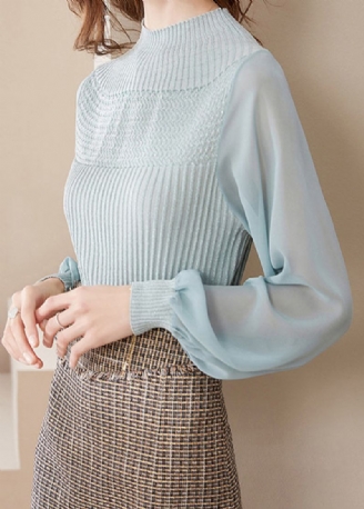 Elegant Lysegrønn Halv Turtleneck Tulle Patchwork Ullgensere Lantern Sleeve