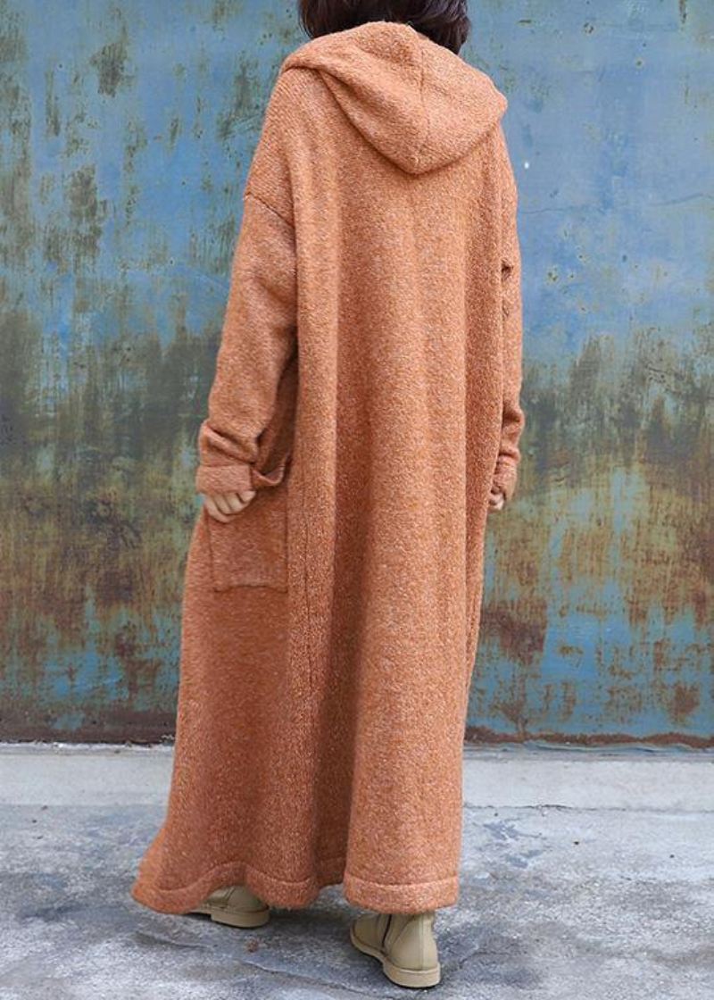 Elegant Plus Size Maxi Coat Hettejakker Gul Dobbeltbryst Ullovertrekk - Mørkegrå